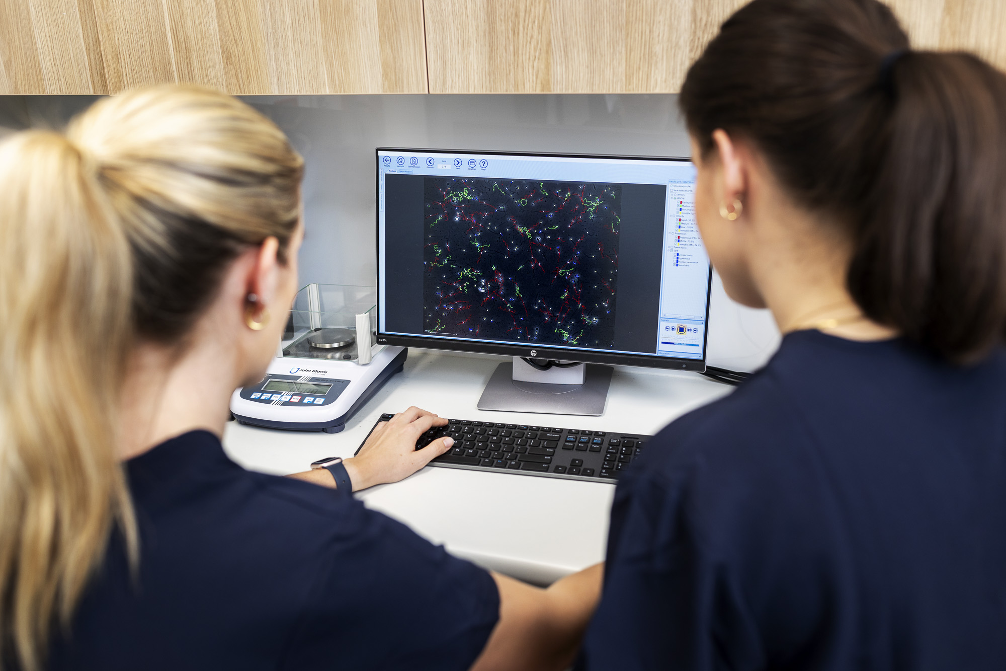 Two embryologists seated in front of a computer screen and analysing semen analysis results